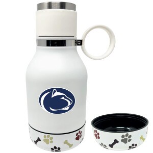 white stainless steel pet bottle with Penn State Athletic Logo and detachable bowl